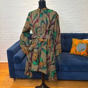 Besida African Print Belted Shirt Dress in Green, Brown and Red